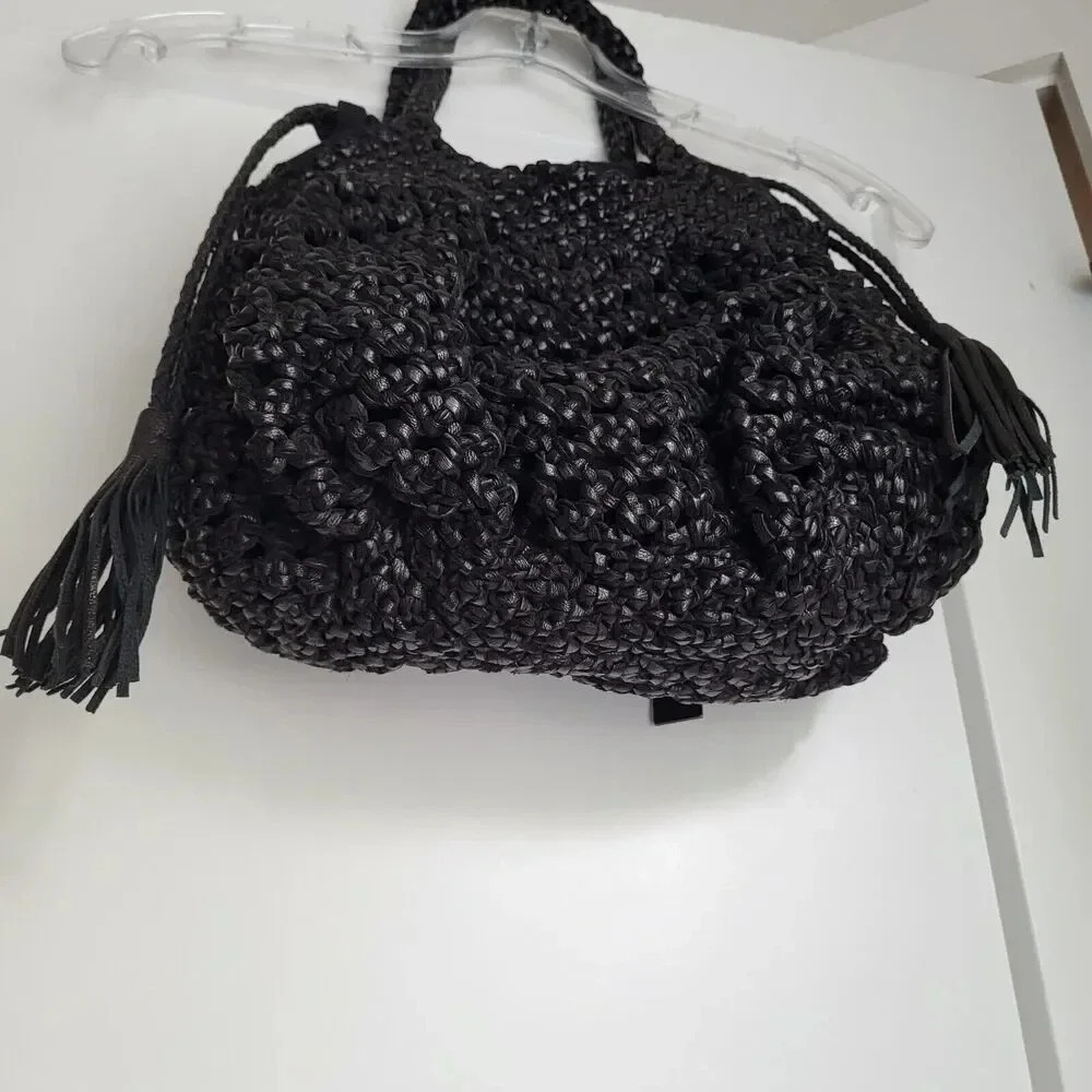 NWT $297 Martina Caponi Braided 2Way Hand Bag/Leather W Linen Black NEW … - Picture 6 of 13